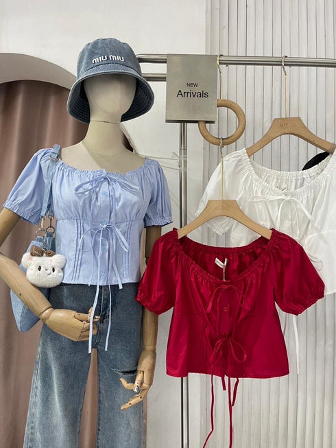 Women Aesthetic Front Off Tie Off-Shoulder Crop Tops